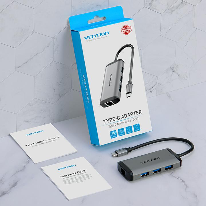 Produktbild Vention USB-C Docking Station to HDMI, 3x USB3.0, RJ45, PD 0.15m CNCHB, gray (USB-C, 4 Ports)