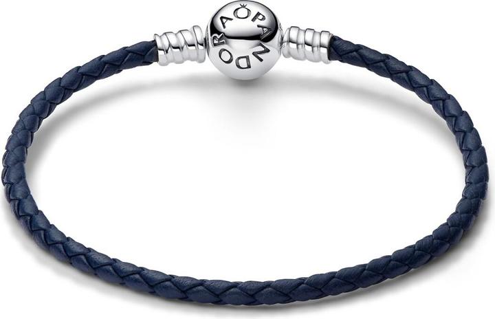 Image du produit Pandora Moments Bracelet en cuir tressé bleu avec fermoir boule (19 cm, Cuir, Argent massif)
