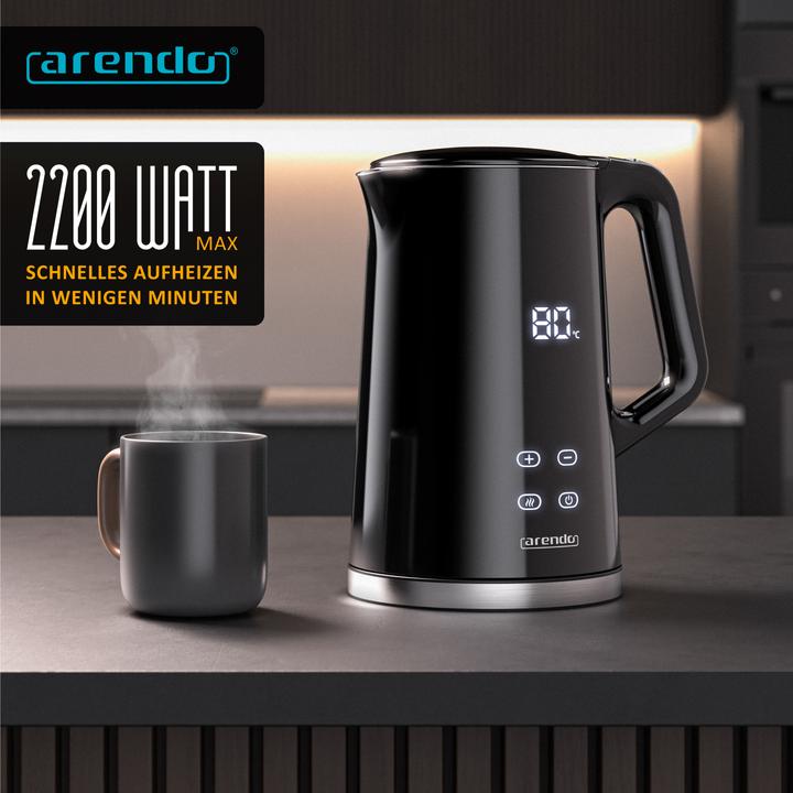 Produktbild Arendo Wasserkocher 1,7 L aus Edelstahl, Temperatureinstellung 40°-100°C mit Anzeige, Doppelwand, 2200 W (1.70 l)