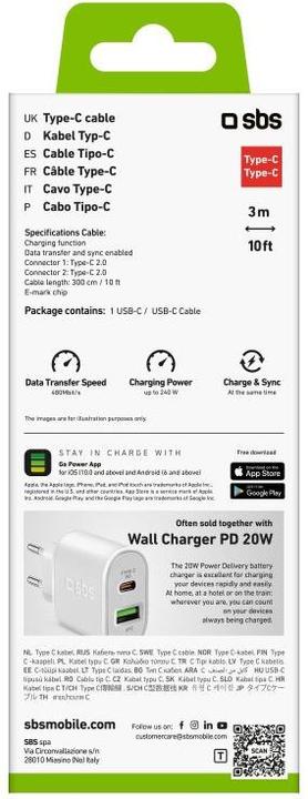 Actual product image SBS Charging/data cable PD 240W USB-A > USB-C white 3.0m (3 m, USB 2.0, 240 W)
