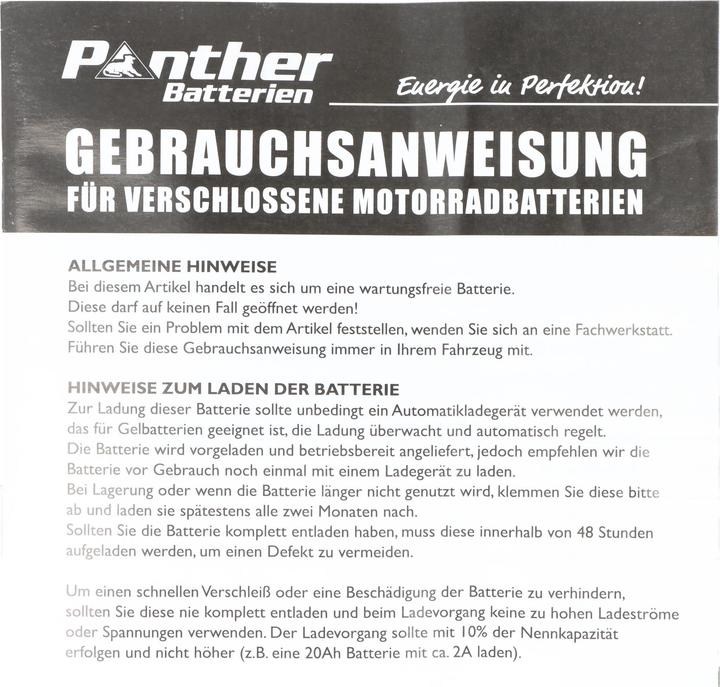 Nährwerte und Zutaten Panther Motorrad Gel 50812 12V 8Ah 80A (EN) ETN 508 0 12 008, DIN 50812, Japan CTX9-BS Bleiakku AGM (12 V, 8 Ah)