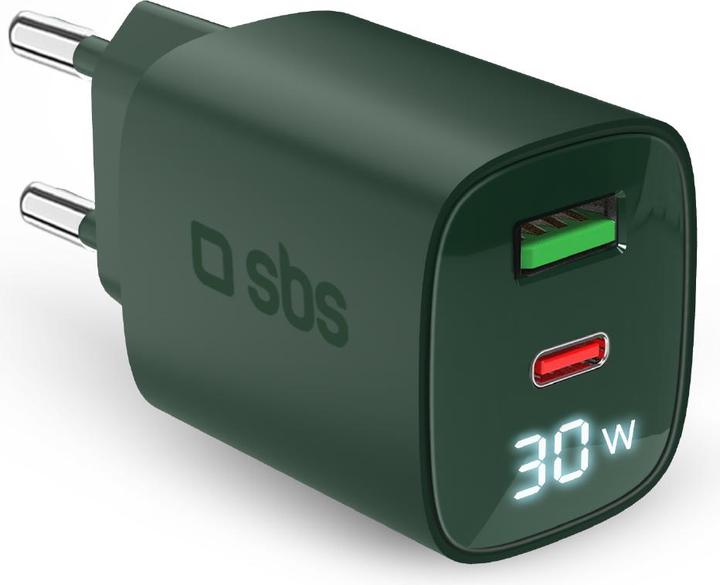 Image du produit SBS Chargeur mural avec écran LCD, 1 sortie USB-C-PD-30W, 1 sortie USB-A-18W (30 W)