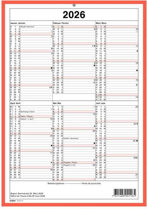Simplex Kalender mit Namenstagen A4 Hochformat, 2026 (A4, Harter Einband, Deutsch)