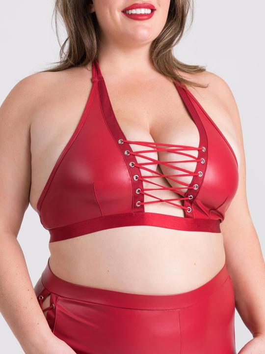 Lovehoney Plus Size Fierce Leather-Look Lace-Up Halterneck Bra