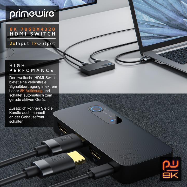 Produktbild Primewire 2-Port HDMI Splitter, 8K Aluminium HDMI Switch 2 in 1 Out UHD, Verteiler, Umschalter, 4K 3D HDR