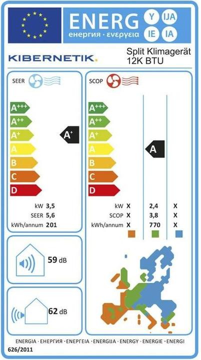 Energie-Label Kibernetik 12K BTU (60 m², 12000 BTU/h)