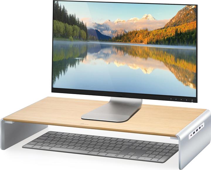 Actual product image j5Create Wood Monitor Stand With Docking (USB-C, 8 Ports)