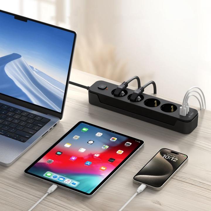 Actual product image Tech-Protect PCL4X3 Power Strip 4 Sockets 240V + 2xUSB-A + 1xUSB-C 200 cm - Black (2 x, USB-A, USB-C, 2 m)
