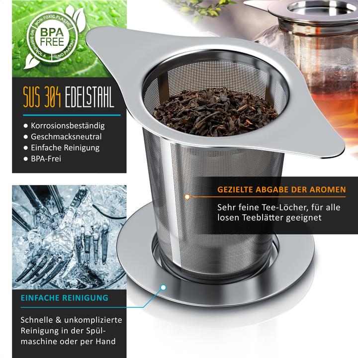 Actual product image Arendo Teesieb, Edelstahl, Doppelgriff & Multifunktionsdeckel, für Kannen & Tassen, Teefilter, Kräutersieb