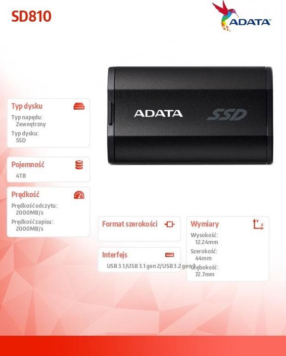 Image du produit Adata Dysk SSD Externe SD810 USB3.2C /s Noir (4000 Go)
