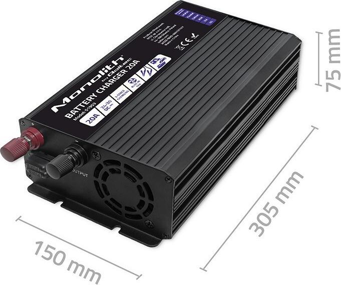 Actual product image Qoltec Smart Monolith battery charger for LiFePO4 AGM GEL SLA batteries | 20A | 24V (24V, 20 A)
