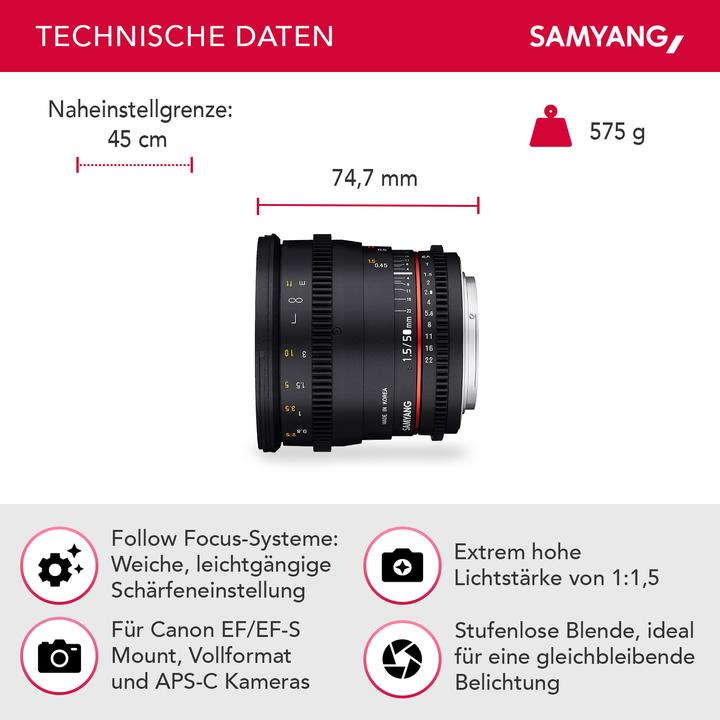 Image du produit Samyang 50mm T1.5 VDSLR Canon (Canon EF, Plein format)