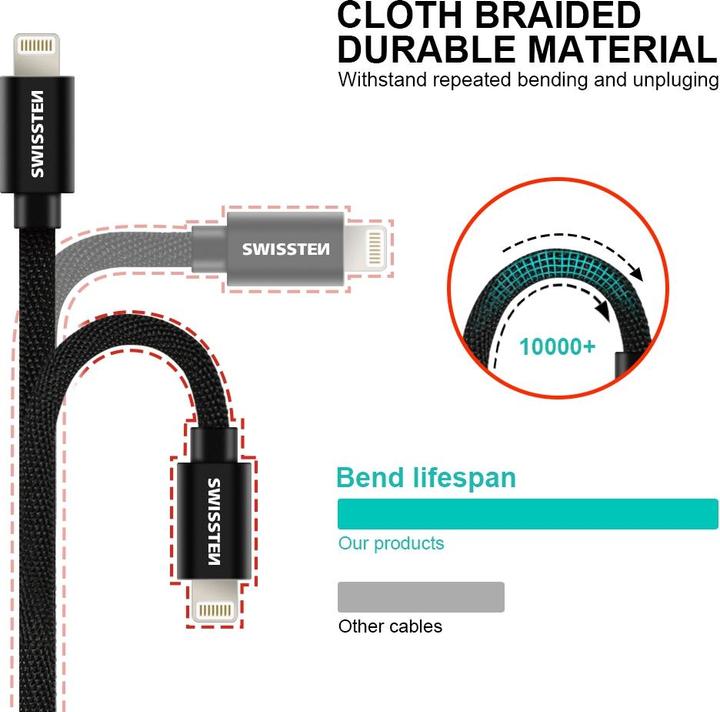 Produktbild Swissten Textile Universal Quick Charge 3.1 USB-C to Lightning Data and Charging Cable 2m (2 m)