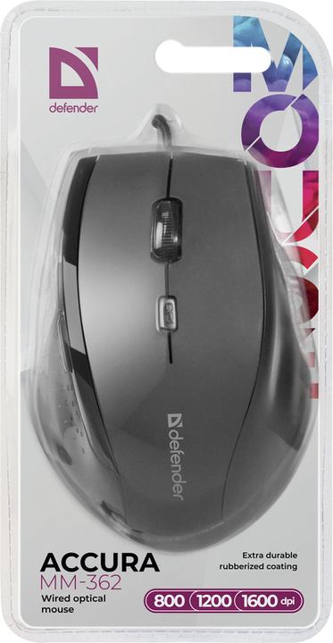 Actual product image Defender MOUSE ACCURA MM-362 CZARNA OPTICAL 1600DPI 6P (Cable)