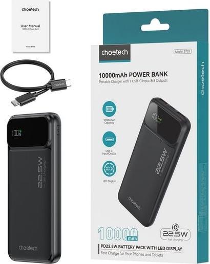 Produktbild Choetech B728 Powerbank 10000 mAh 22,5 W PD USB-A / USB-C – schwarz (10000 mAh, 22.50 W, 22.50 Wh)