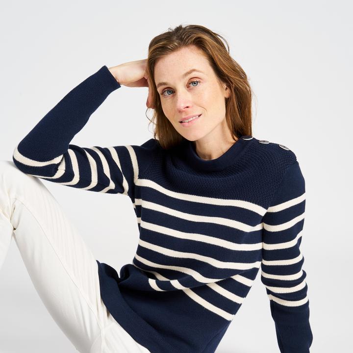 Actual product image Tribord Women's knitted sailing pullover, 100 navy blue with beige stripes (XS)