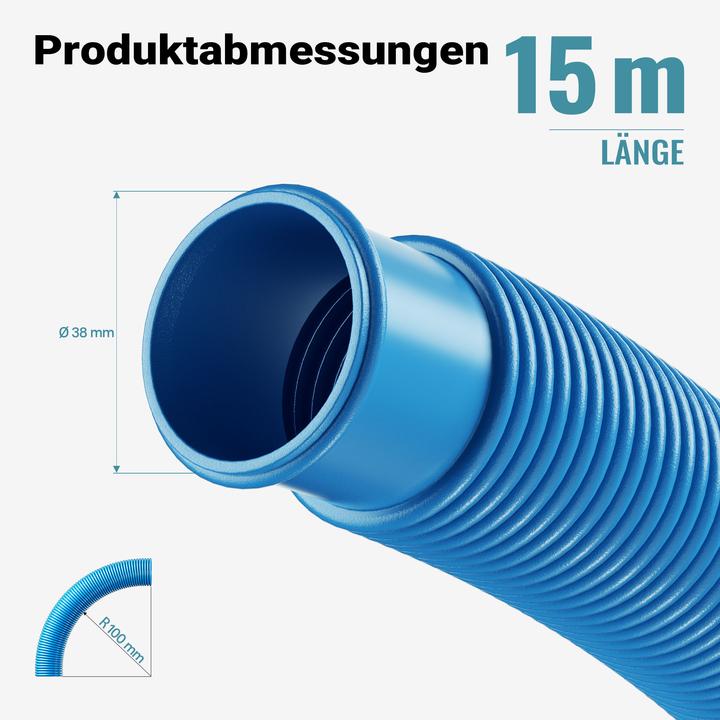 Actual product image Wiltec Teichtip ® 15m Swimming Pool Hose Vacuum Sleeve - 190g/m 1.5" 1 1/2 Inch - Made in Europe