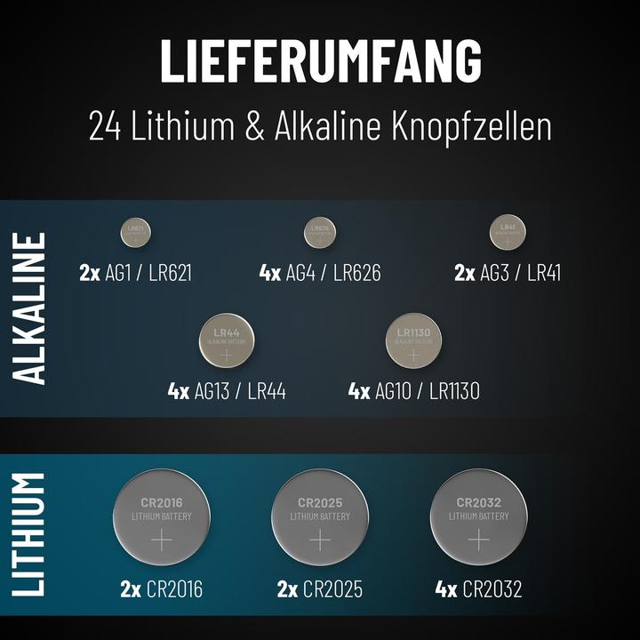 Image du produit Absina SET de piles boutons 24 piles alcalines + lithium (24 pcs, CR2032, LR621., CR2016, CR2025, 158 mAh)