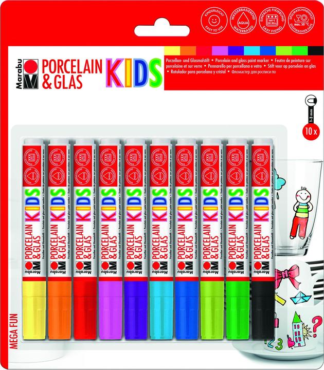 Actual product image Marabu Porcelain and glass painting pen Kids (Black, Violet, Yellow, Red, Blue, Orange, Turquoise, Green, 10 x)