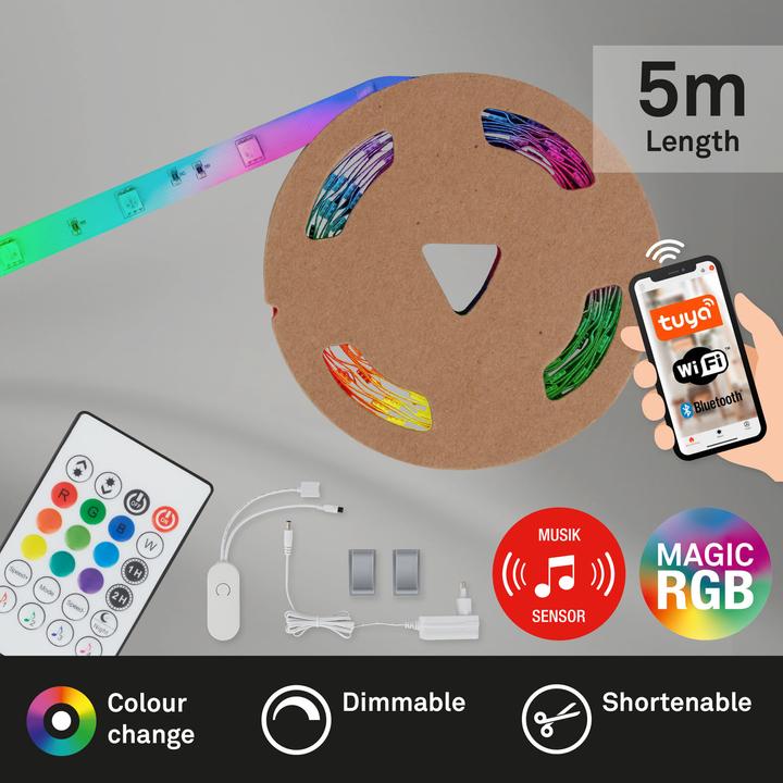 Image du produit Briloner WiFi + Bluetooth Magic RGB-LED Flexband, 5m, capteur de musique inclus (RGBIC, 500 cm, Intérieur)
