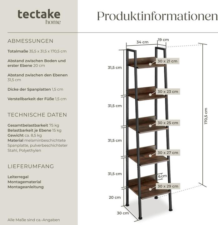 Actual product image tectake Free standing shelf Chatham | With 4 to 5 tiers (35.5 x 31.5 x 170.5 cm)