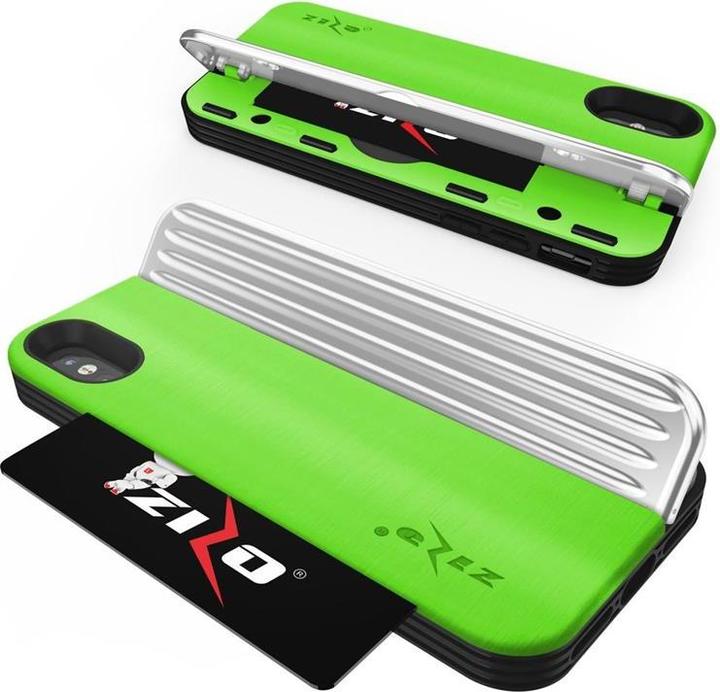 Produktbild Zizo Retro Series – iPhone Xs/X-Hülle mit Kartenfach + Ständer + 9H-Glasscheibe (Neongrün/Silber) (Apple iPhone XS)