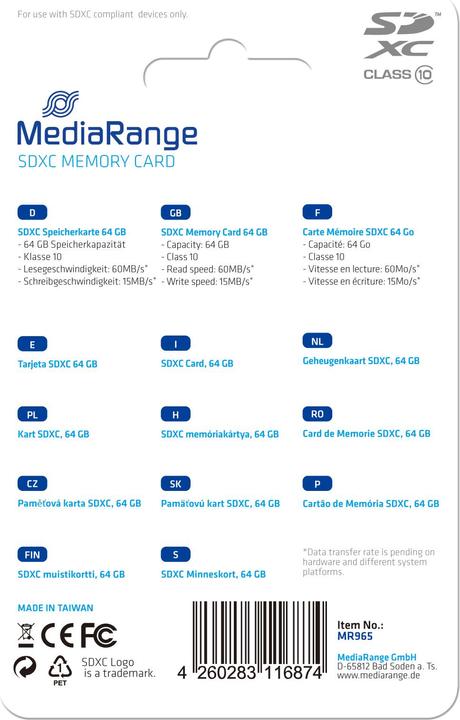 Produktbild MediaRange MR965 (64 GB, SDXC, U1)