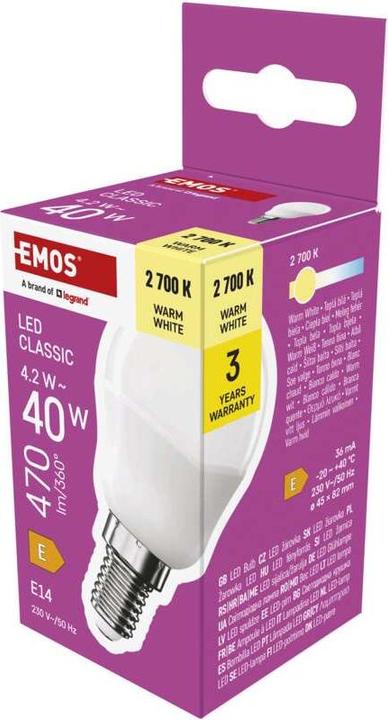 Immagine prodotto Emos Lampada LED Classic Mini Globe / E14 / 4,2 W (40 W) / 470 lm / Bianco caldo (E14, 4.20 W, 470 lm, 1 x, E)