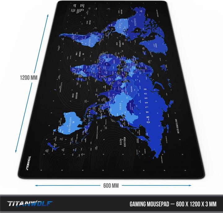 Produktbild Titanwolf Gaming Mauspad, XXXL Speed Mausmatte 1200 x 600 mm, Geschwindigkeit & Präzision, Weltkarte blau