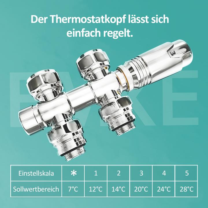 Produktbild Emke Thermostatventil, Universalventil Mit Thermostat FüR HeizköRper, 10 Bar, 7 Stufen, Chrom, 2PCS-Paket