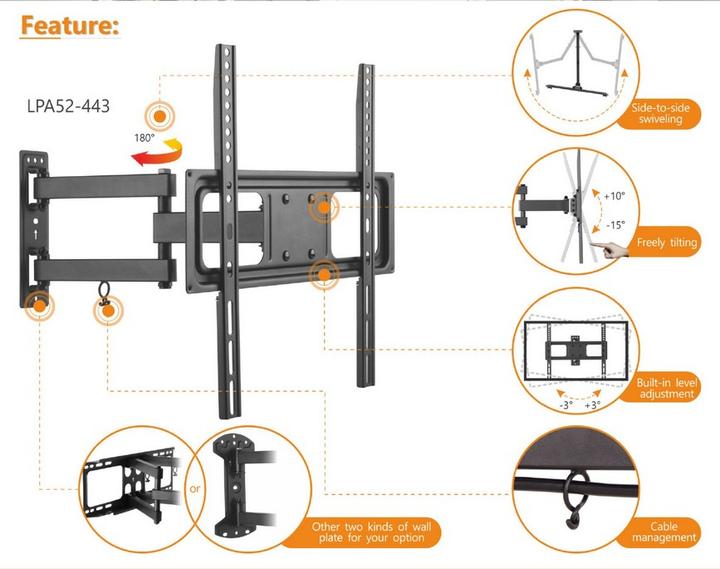 Immagine prodotto equip Supporto da parete TV 32"-55" nero girevole (Muro, 55", 35 kg)