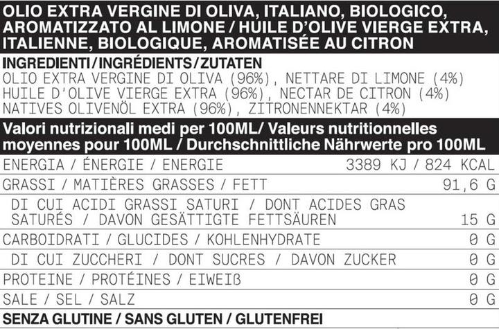 Nährwerte und Zutaten Ólixir Natives Olivenöl extra mit Zitrone (250 ml)
