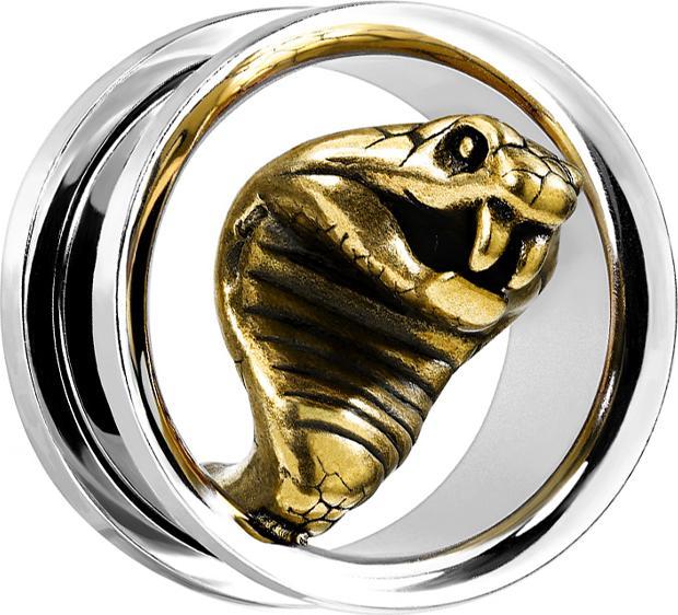 Star Piercing Flesh Tunnel silber mit goldener Kobra (ohne Messing, Chirurgenstahl 316L)
