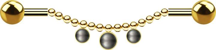 Star Piercing Barbell vergoldet zwei Kugeln Kette drei Perlen schwarz (Chirurgenstahl 316L)