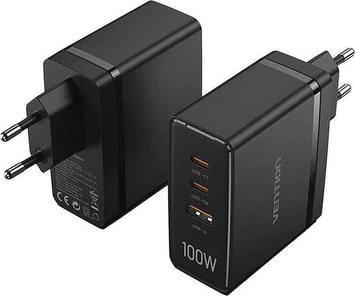 Actual product image Vention 3-Port USB (C+C+A) GaN Charger (100W/100W/30W) EU-Plug Black (100 W)