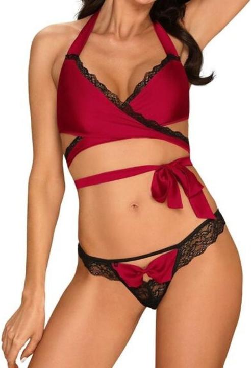 Productafbeelding Obsessive Sensuelia 2-delig lingeriesetje met wikkeltop rood (L)