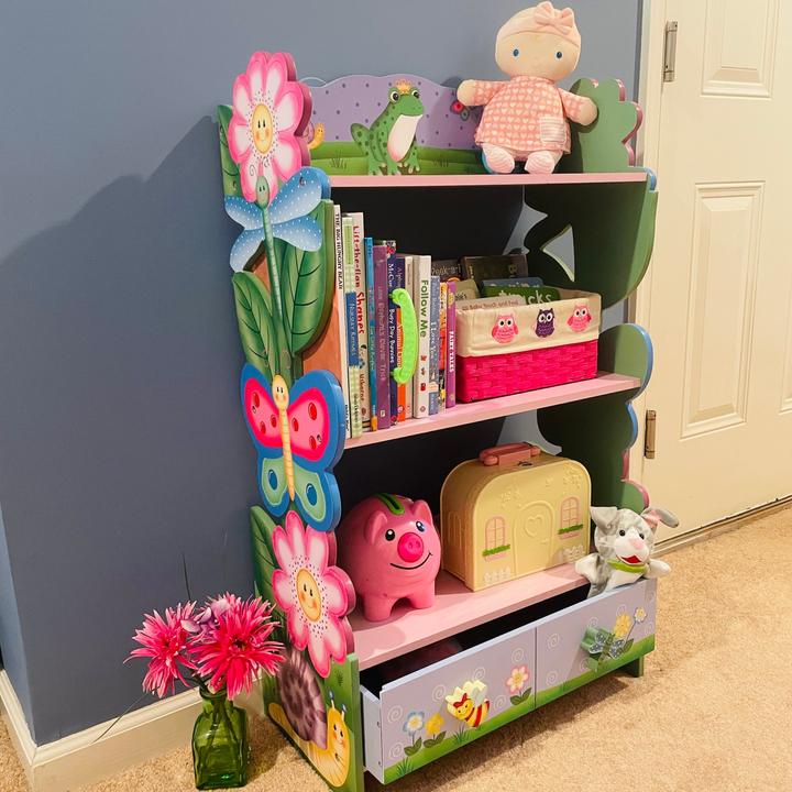 Actual product image Teamson Magic Garden children's wooden bookcase, 3-tier with storage space & drawer Colourful