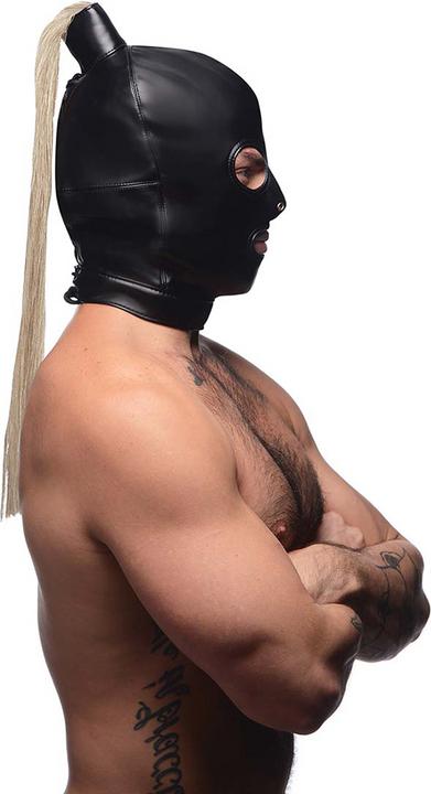 Actual product image XR Brands Blonde Pferdeschwanz Bondage Haube Schwarz