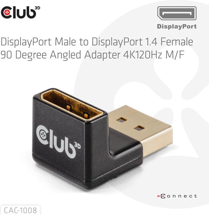 Actual product image Club 3D Club3D Adapter DP > DP 1.4 90° angled 4K@120Hz St/Bu retail (10.50 cm)