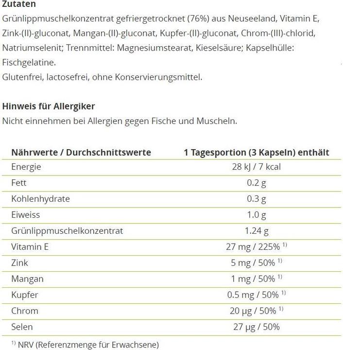 Nährwerte und Zutaten Alpinamed Grünlippmuschel (120 Stück, Kapseln, 100 g)