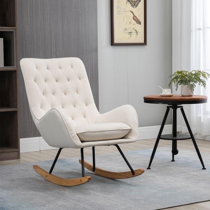 Produktbild Swisshandel24 Schaukelstuhl Relaxstuhl Schwingsessel mit Holzbeine Schaukelsessel, Leinen Metall Cremeweiss 69 x 9