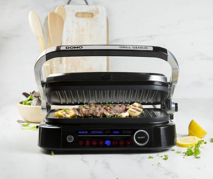 Actual product image Domo Genius Electric Contact Grill Non-stick Coating, with Display Stainless Steel, Black (EU plug)