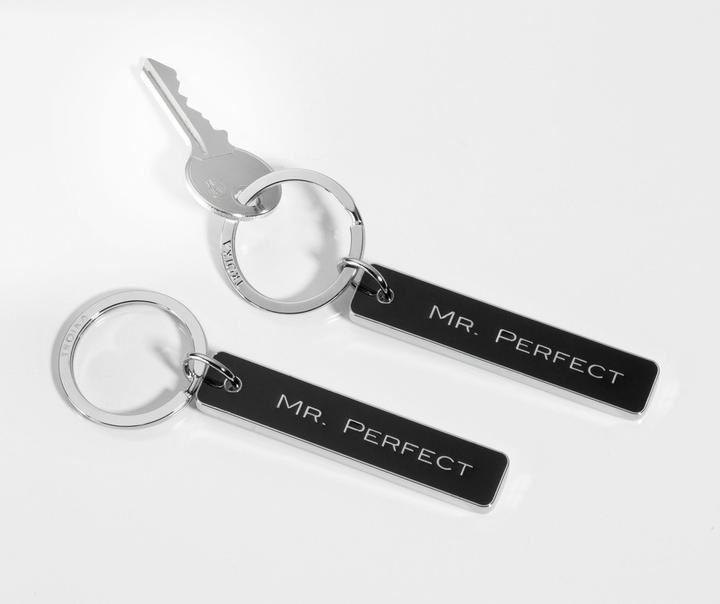 Actual product image Troika MR PERFECT key fob with "Mr. Perfect" lettering, glossy grey/black