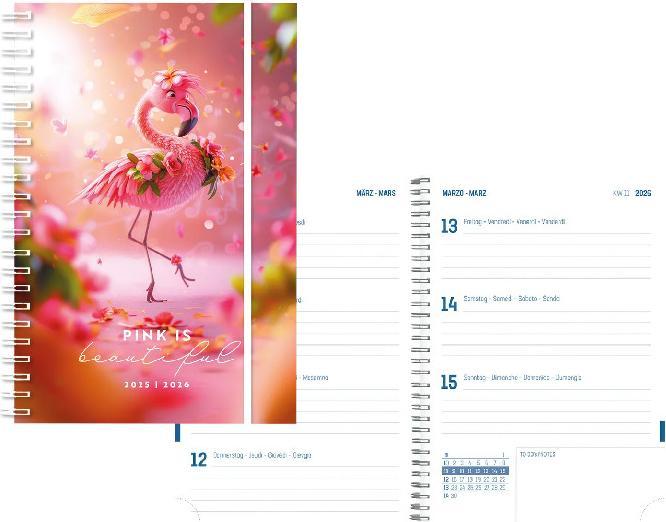 Actual product image Simplex Schüleragenda Emotions 25/26 500221.26 1W/2S 17M Flaminga ML 8x12.5cm (8 x 12.5 cm, German, French, Rhaeto-Romanic, Italian)