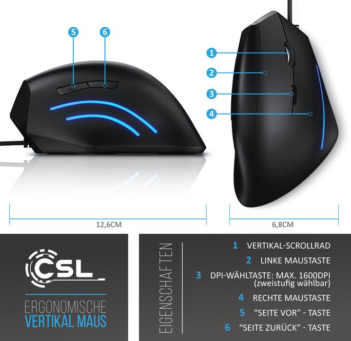 Actual product image CSL Vertical USB mouse, wired, ergonomic vertical mouse to prevent mouse/tennis elbow (Cable)