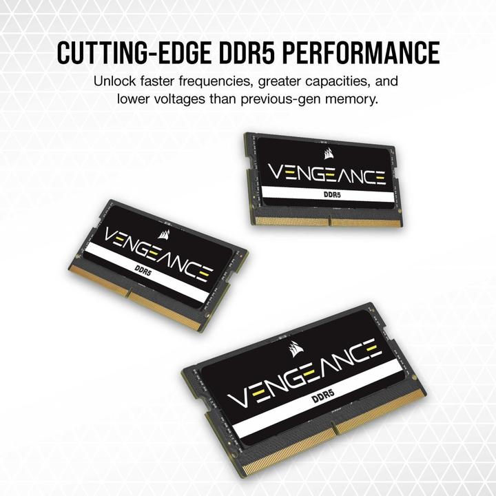 Actual product image Corsair DDR5, 5600MT/s 64GB 2x32GB SODIMM, Unbuffered, 48-48-48-90, Black PCB, Std PMIC, 1.1V, VENGEANCE DDR (2 x 32GB, 5600 MHz, DDR5 RAM, SO-DIMM)