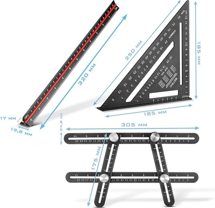 Image du produit Stahlwerk Kit de règles avec règle de mesure multi-angles, règle triangulaire, triangle d'angle (300 mm)