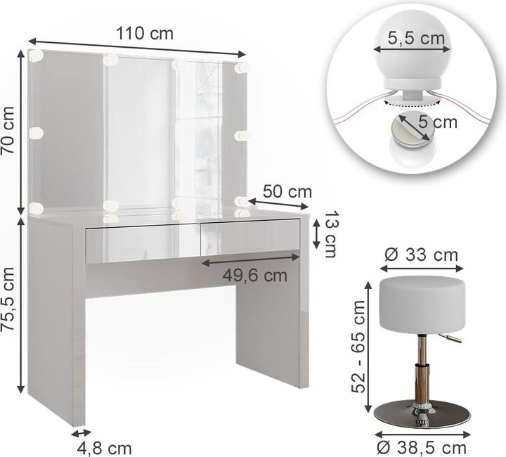 Produktbild Vichy Schminktisch Annabelle, Weiss Hochglanz/Weiss, 110 cm mit LED-Beleuchtung und Hocker (110 x 50 x 75.5 cm)