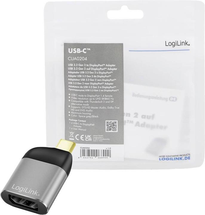 Produktbild LogiLink USB 3.2 Gen2 Type-C-Adapter, USB-C/M zu DP/F, 8K, Alu, schwarz/grau (USB Typ-C, 4 cm)