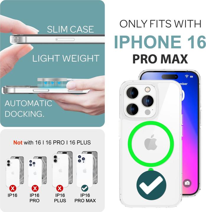 Immagine prodotto Nalia Custodia rigida trasparente, l'anello MagSafe si illumina al buio (Apple iPhone 16 Pro Max)